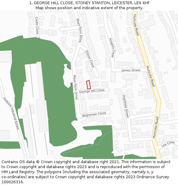 1, GEORGE HILL CLOSE, STONEY STANTON, LEICESTER, LE9 4HF: Location map and indicative extent of plot