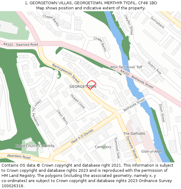 1, GEORGETOWN VILLAS, GEORGETOWN, MERTHYR TYDFIL, CF48 1BD: Location map and indicative extent of plot