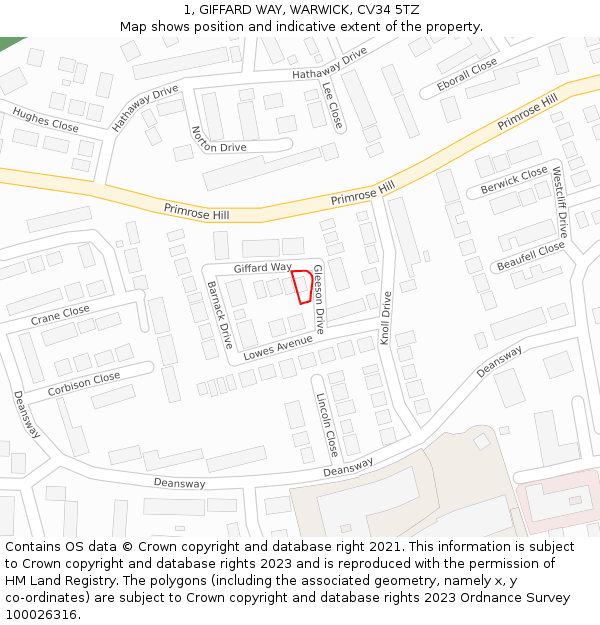1, GIFFARD WAY, WARWICK, CV34 5TZ: Location map and indicative extent of plot