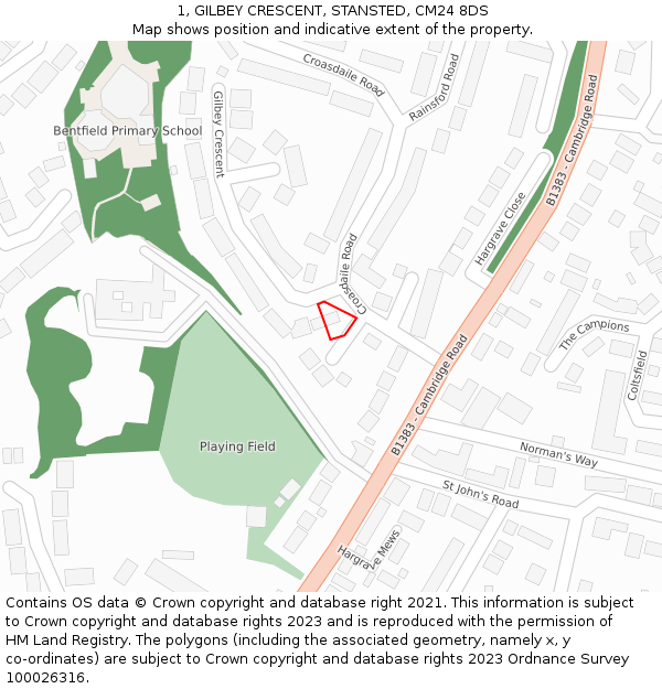 1, GILBEY CRESCENT, STANSTED, CM24 8DS: Location map and indicative extent of plot