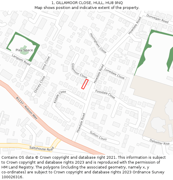 1, GILLAMOOR CLOSE, HULL, HU8 9NQ: Location map and indicative extent of plot