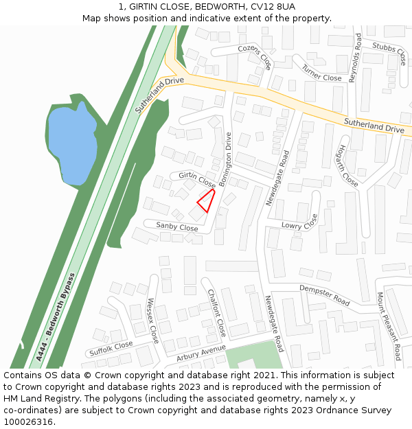 1, GIRTIN CLOSE, BEDWORTH, CV12 8UA: Location map and indicative extent of plot