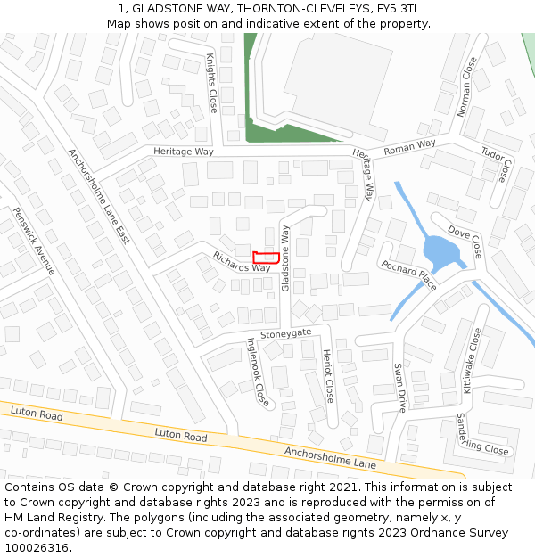 1, GLADSTONE WAY, THORNTON-CLEVELEYS, FY5 3TL: Location map and indicative extent of plot