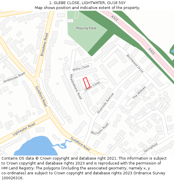 1, GLEBE CLOSE, LIGHTWATER, GU18 5SY: Location map and indicative extent of plot