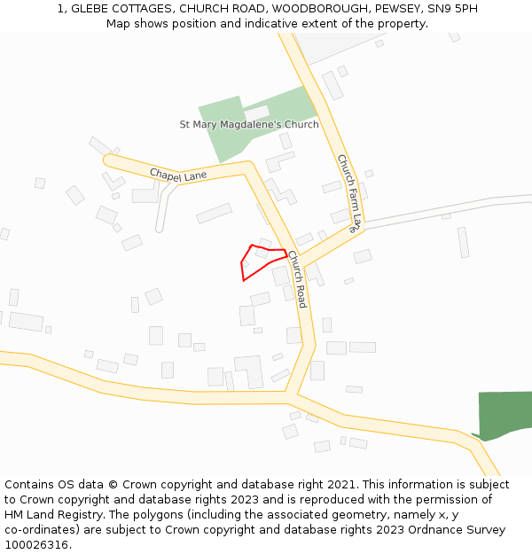 1, GLEBE COTTAGES, CHURCH ROAD, WOODBOROUGH, PEWSEY, SN9 5PH: Location map and indicative extent of plot