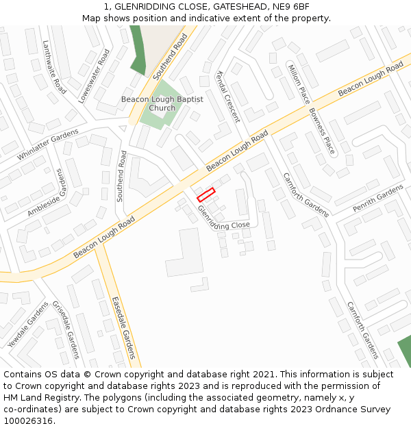 1, GLENRIDDING CLOSE, GATESHEAD, NE9 6BF: Location map and indicative extent of plot