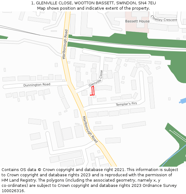 1, GLENVILLE CLOSE, WOOTTON BASSETT, SWINDON, SN4 7EU: Location map and indicative extent of plot