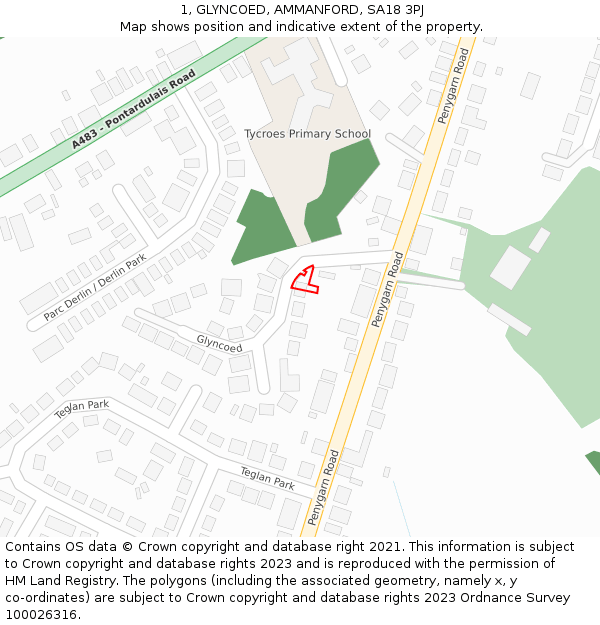 1, GLYNCOED, AMMANFORD, SA18 3PJ: Location map and indicative extent of plot