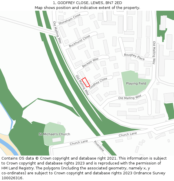 1, GODFREY CLOSE, LEWES, BN7 2ED: Location map and indicative extent of plot