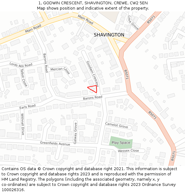 1, GODWIN CRESCENT, SHAVINGTON, CREWE, CW2 5EN: Location map and indicative extent of plot