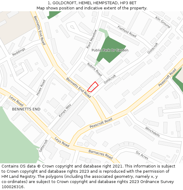 1, GOLDCROFT, HEMEL HEMPSTEAD, HP3 8ET: Location map and indicative extent of plot