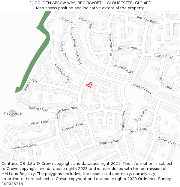 1, GOLDEN ARROW WAY, BROCKWORTH, GLOUCESTER, GL3 4ED: Location map and indicative extent of plot