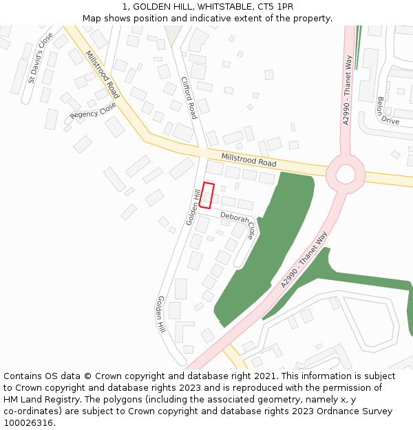 1, GOLDEN HILL, WHITSTABLE, CT5 1PR: Location map and indicative extent of plot