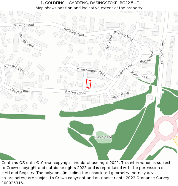 1, GOLDFINCH GARDENS, BASINGSTOKE, RG22 5UE: Location map and indicative extent of plot