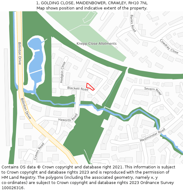 1, GOLDING CLOSE, MAIDENBOWER, CRAWLEY, RH10 7NL: Location map and indicative extent of plot