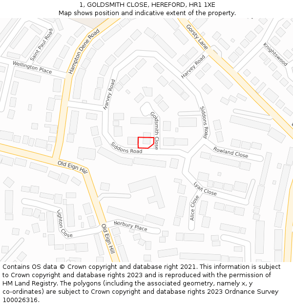 1, GOLDSMITH CLOSE, HEREFORD, HR1 1XE: Location map and indicative extent of plot