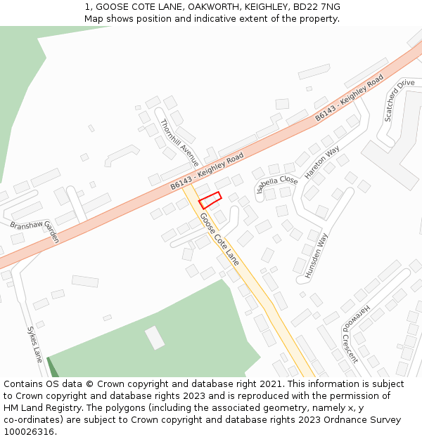 1, GOOSE COTE LANE, OAKWORTH, KEIGHLEY, BD22 7NG: Location map and indicative extent of plot