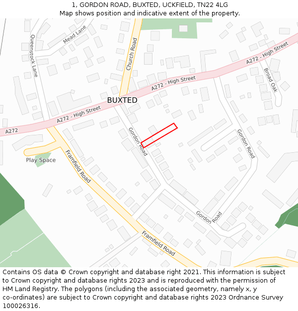 1, GORDON ROAD, BUXTED, UCKFIELD, TN22 4LG: Location map and indicative extent of plot