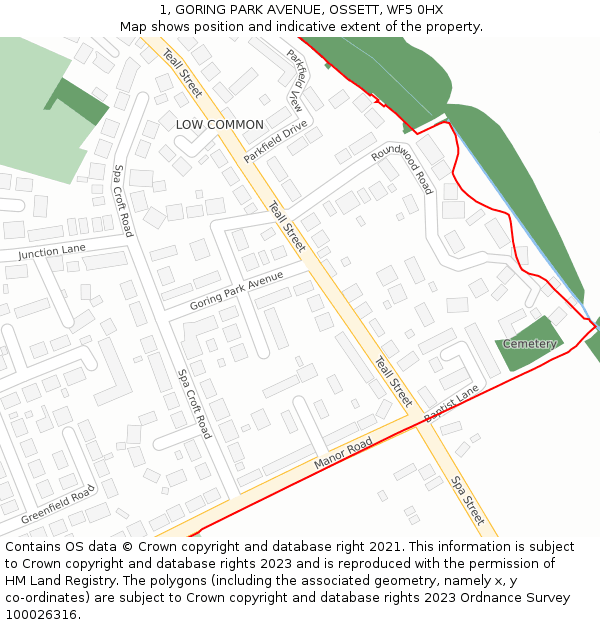 1, GORING PARK AVENUE, OSSETT, WF5 0HX: Location map and indicative extent of plot