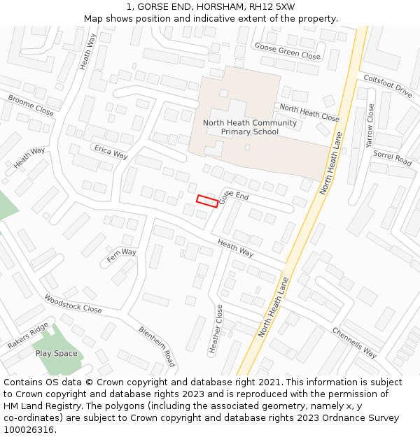 1, GORSE END, HORSHAM, RH12 5XW: Location map and indicative extent of plot