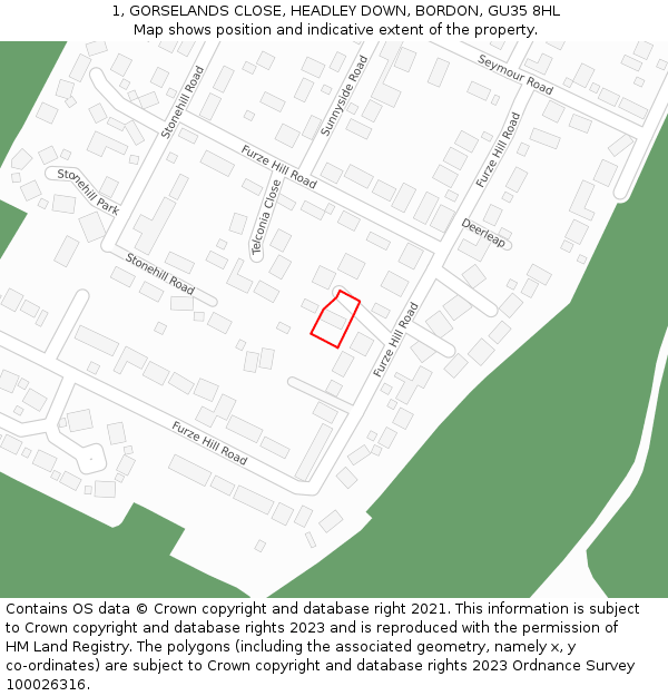 1, GORSELANDS CLOSE, HEADLEY DOWN, BORDON, GU35 8HL: Location map and indicative extent of plot