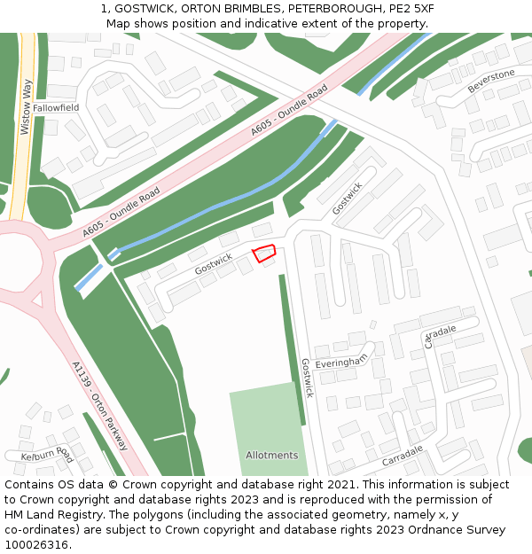 1, GOSTWICK, ORTON BRIMBLES, PETERBOROUGH, PE2 5XF: Location map and indicative extent of plot