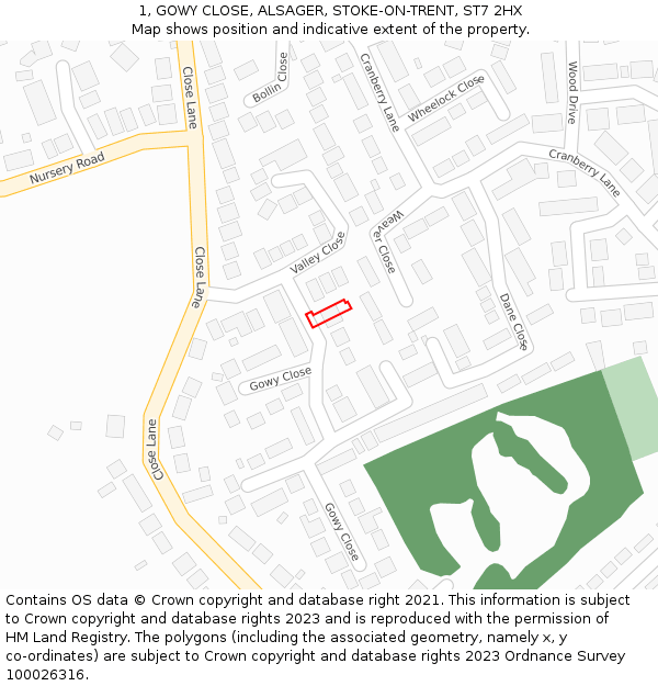 1, GOWY CLOSE, ALSAGER, STOKE-ON-TRENT, ST7 2HX: Location map and indicative extent of plot