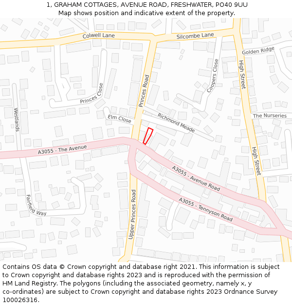 1, GRAHAM COTTAGES, AVENUE ROAD, FRESHWATER, PO40 9UU: Location map and indicative extent of plot