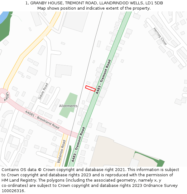 1, GRANBY HOUSE, TREMONT ROAD, LLANDRINDOD WELLS, LD1 5DB: Location map and indicative extent of plot