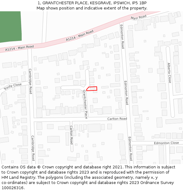 1, GRANTCHESTER PLACE, KESGRAVE, IPSWICH, IP5 1BP: Location map and indicative extent of plot