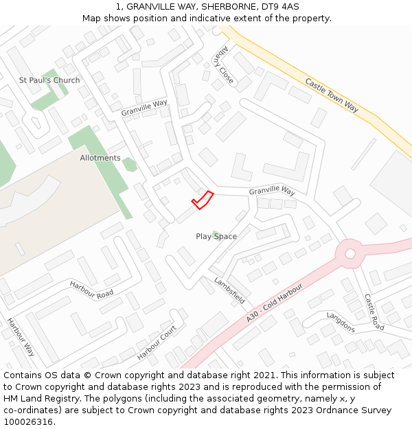 1, GRANVILLE WAY, SHERBORNE, DT9 4AS: Location map and indicative extent of plot