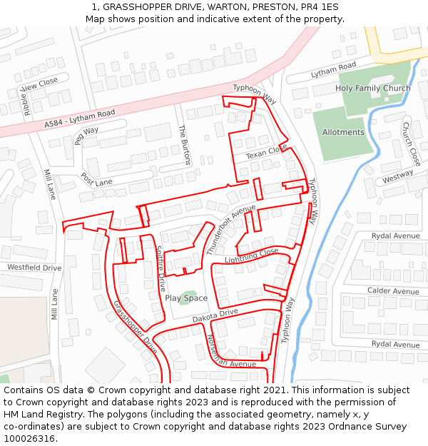 1, GRASSHOPPER DRIVE, WARTON, PRESTON, PR4 1ES: Location map and indicative extent of plot