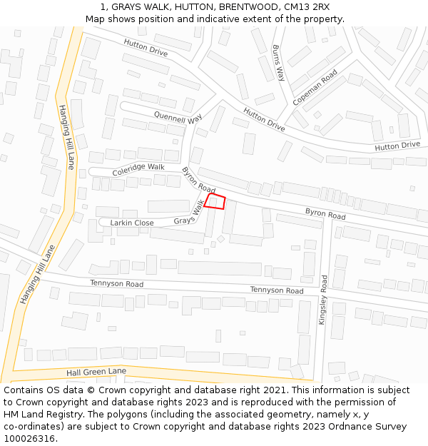 1, GRAYS WALK, HUTTON, BRENTWOOD, CM13 2RX: Location map and indicative extent of plot