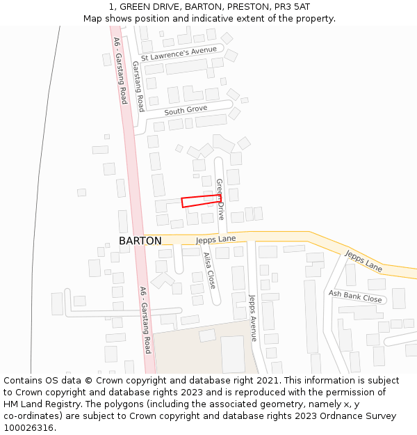 1, GREEN DRIVE, BARTON, PRESTON, PR3 5AT: Location map and indicative extent of plot