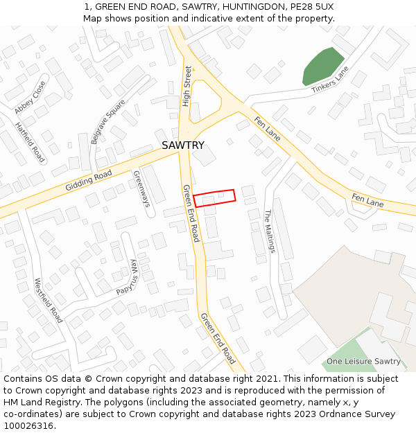 1, GREEN END ROAD, SAWTRY, HUNTINGDON, PE28 5UX: Location map and indicative extent of plot