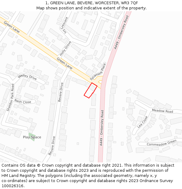 1, GREEN LANE, BEVERE, WORCESTER, WR3 7QF: Location map and indicative extent of plot