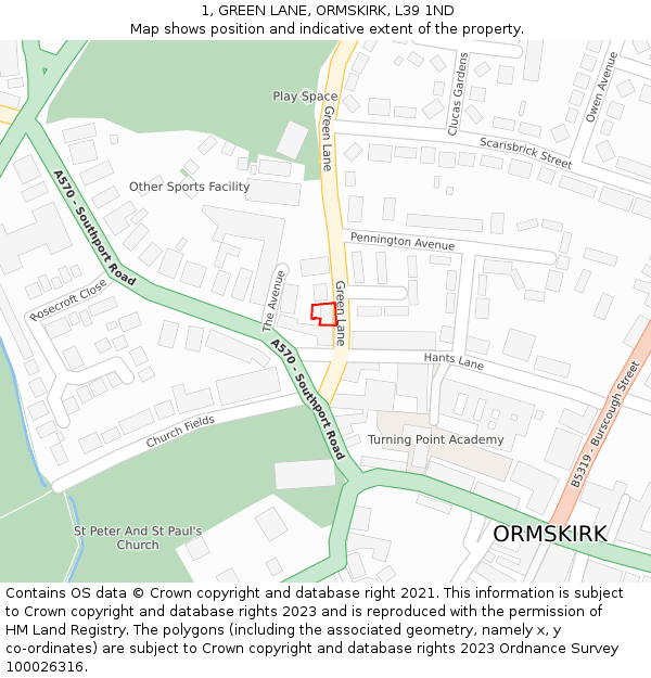 1, GREEN LANE, ORMSKIRK, L39 1ND: Location map and indicative extent of plot