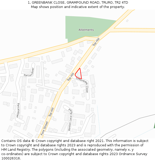 1, GREENBANK CLOSE, GRAMPOUND ROAD, TRURO, TR2 4TD: Location map and indicative extent of plot