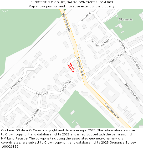 1, GREENFIELD COURT, BALBY, DONCASTER, DN4 0PB: Location map and indicative extent of plot