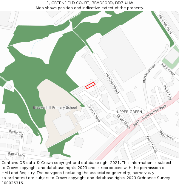 1, GREENFIELD COURT, BRADFORD, BD7 4HW: Location map and indicative extent of plot
