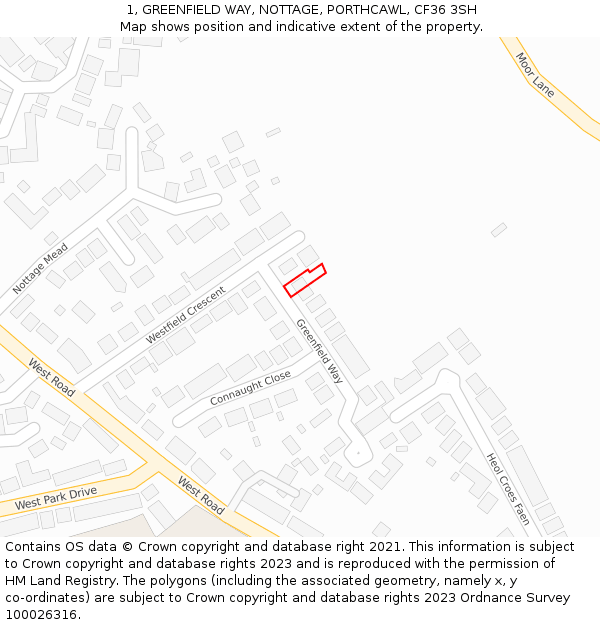 1, GREENFIELD WAY, NOTTAGE, PORTHCAWL, CF36 3SH: Location map and indicative extent of plot