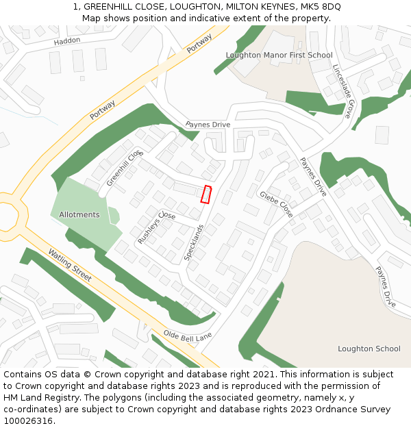 1, GREENHILL CLOSE, LOUGHTON, MILTON KEYNES, MK5 8DQ: Location map and indicative extent of plot