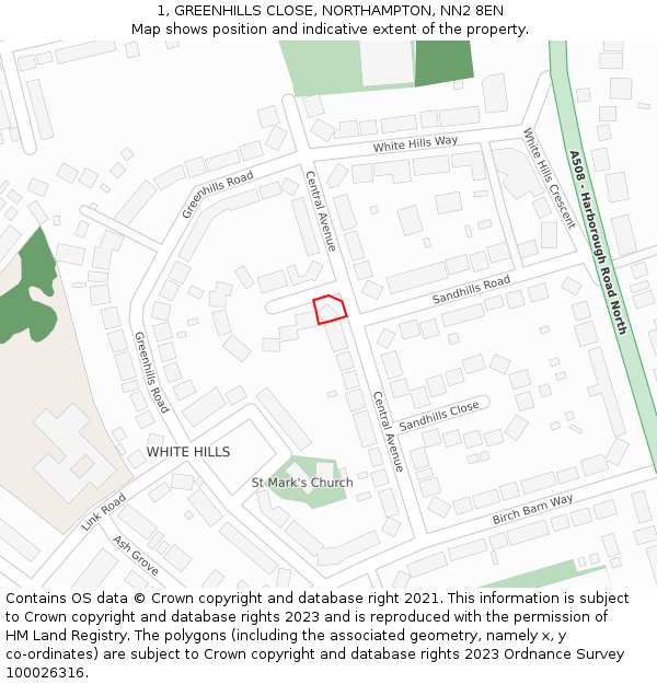 1, GREENHILLS CLOSE, NORTHAMPTON, NN2 8EN: Location map and indicative extent of plot