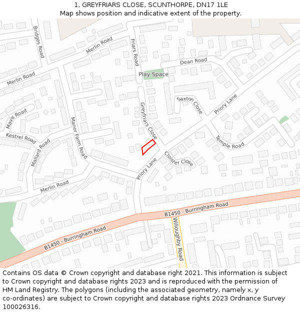 1, GREYFRIARS CLOSE, SCUNTHORPE, DN17 1LE: Location map and indicative extent of plot