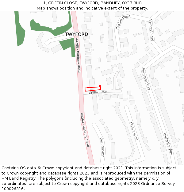 1, GRIFFIN CLOSE, TWYFORD, BANBURY, OX17 3HR: Location map and indicative extent of plot