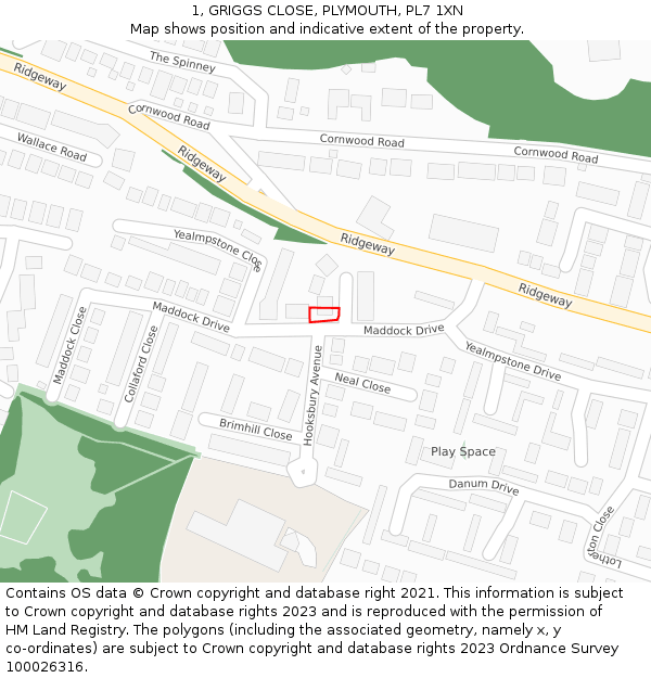 1, GRIGGS CLOSE, PLYMOUTH, PL7 1XN: Location map and indicative extent of plot