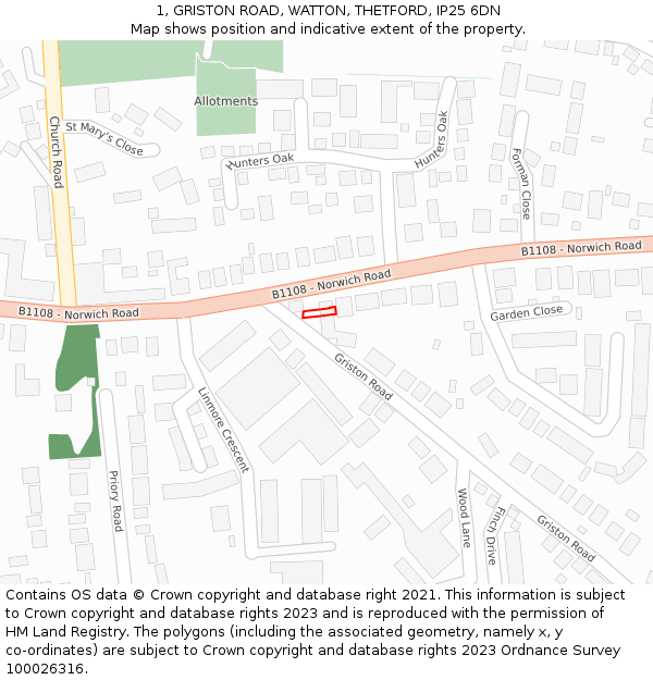 1, GRISTON ROAD, WATTON, THETFORD, IP25 6DN: Location map and indicative extent of plot