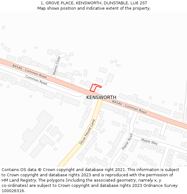 1, GROVE PLACE, KENSWORTH, DUNSTABLE, LU6 2ST: Location map and indicative extent of plot