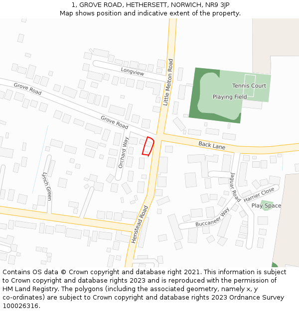 1, GROVE ROAD, HETHERSETT, NORWICH, NR9 3JP: Location map and indicative extent of plot