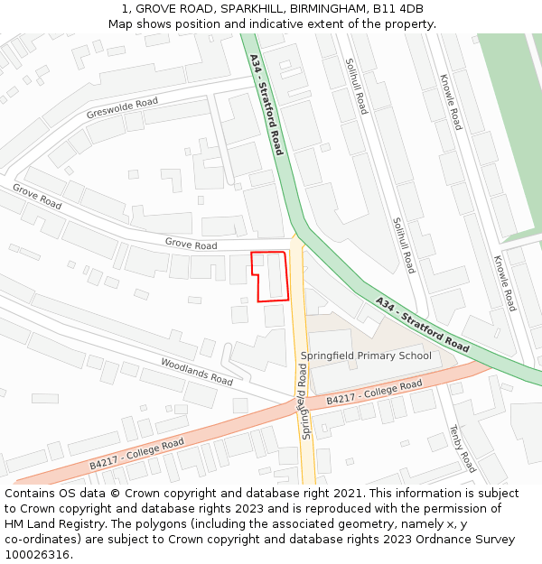 1, GROVE ROAD, SPARKHILL, BIRMINGHAM, B11 4DB: Location map and indicative extent of plot